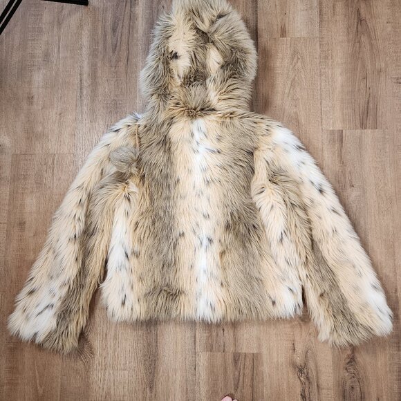 Vintage 90s Nine West Faux Fur Hooded Jacket Brown Spotted Y2K Mob Wife Glam M - Picture 10 of 10